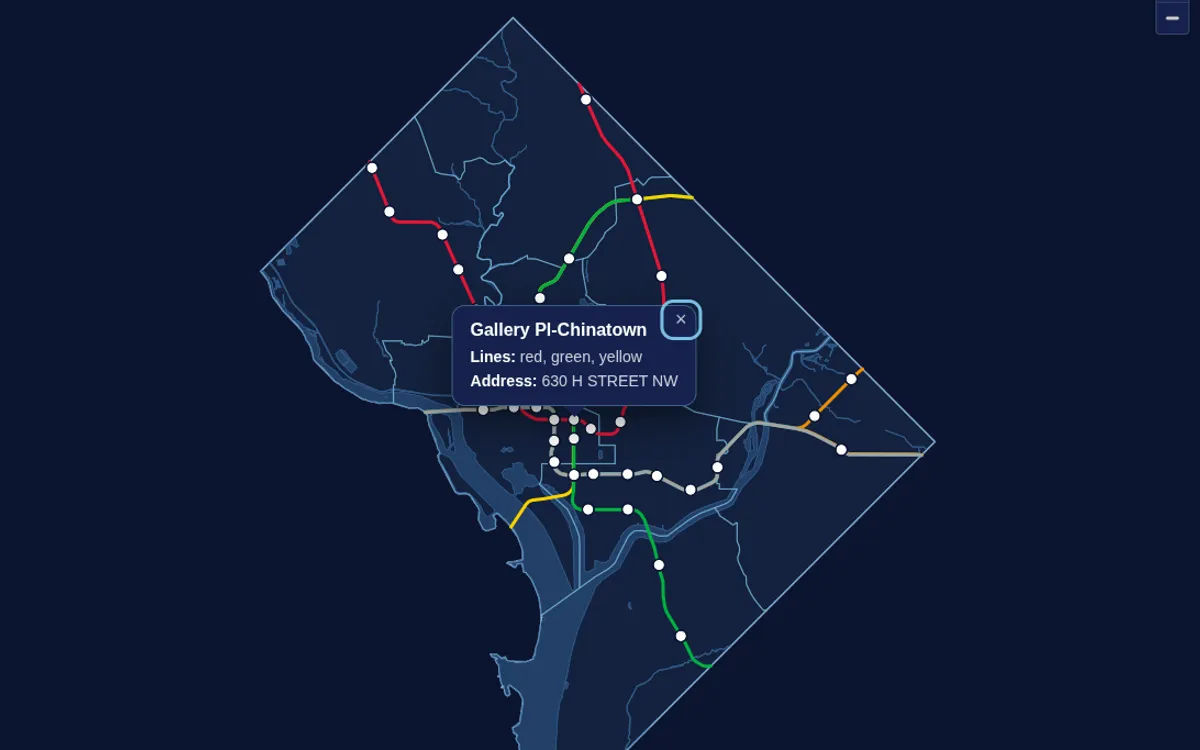 Dark map of Washington, DC showing Metro lines and stations over ward boundaries