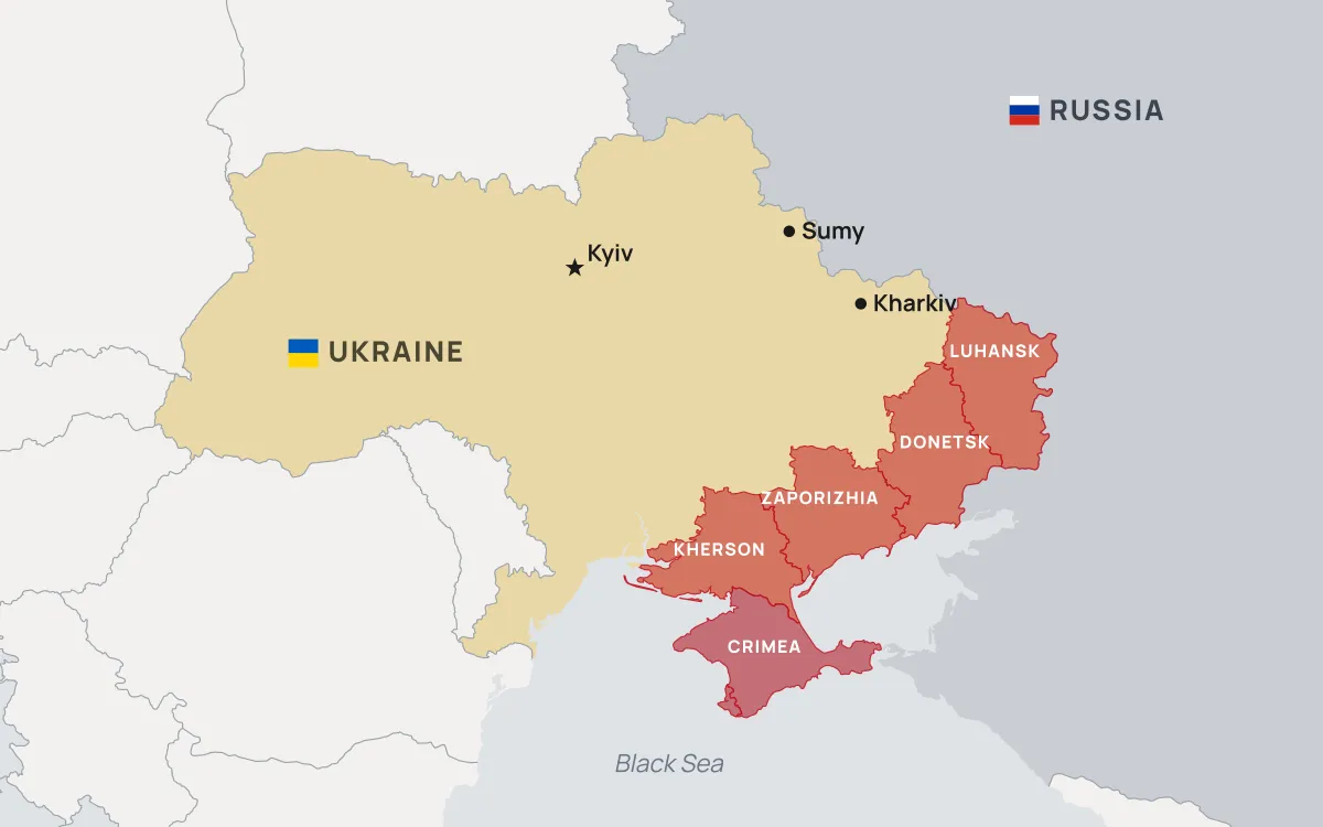 Map of Ukraine with Russian-occupied oblasts highlighted in red