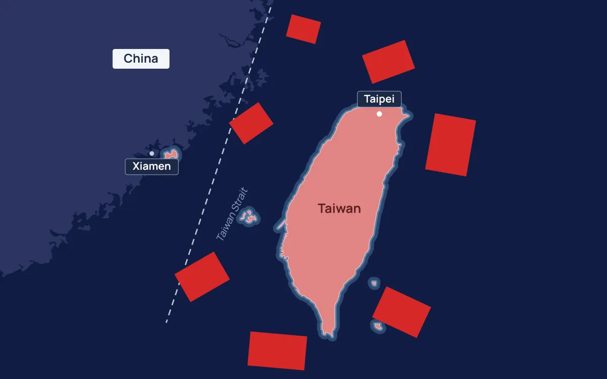Map of the Taiwan Strait showing Chinese military exercise zones around Taiwan